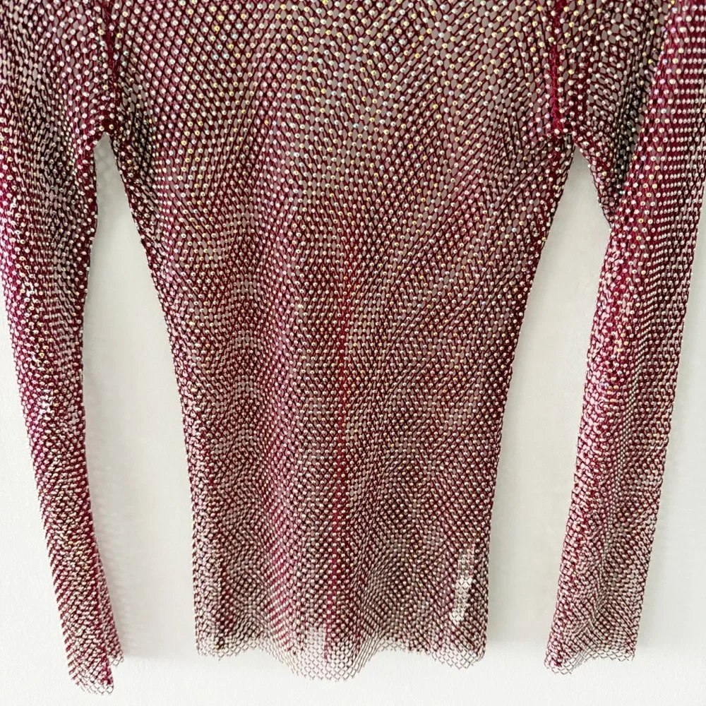 Free People Filter Finish Rhinestone Fishnet Ruby Red Long Sleeve Top Size XS